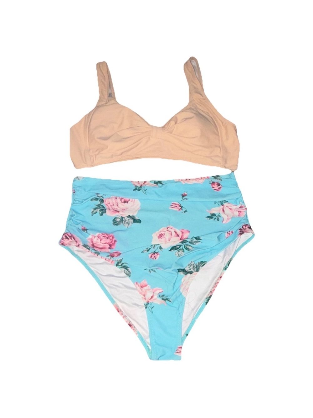 Cupshe Peach Top with Blue Floral High-Waist Bikini Bottom